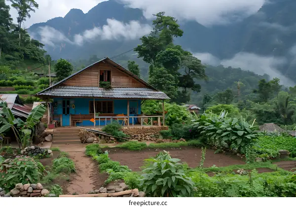 Small wooden house in a lush green valley surrounded by mountains