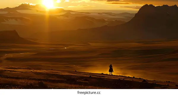Silhouette of a Horseback Rider in the Mountains at Sunset