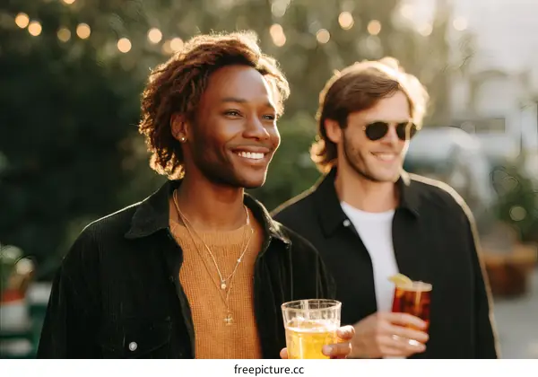 Two Men Enjoying Drinks Outdoors
