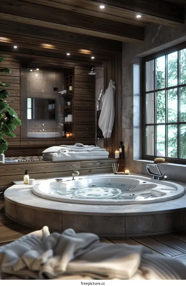Modern Bathroom With Jacuzzi Tub And Window View