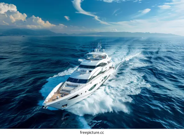 A white yacht is moving in the blue sea with white clouds and blue sky