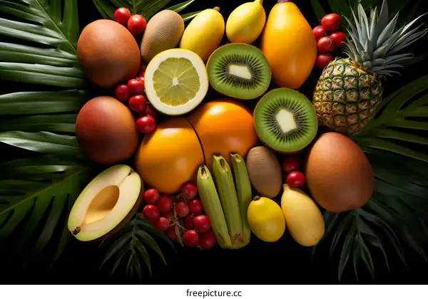 An assortment of fruits on a black background with green leaves