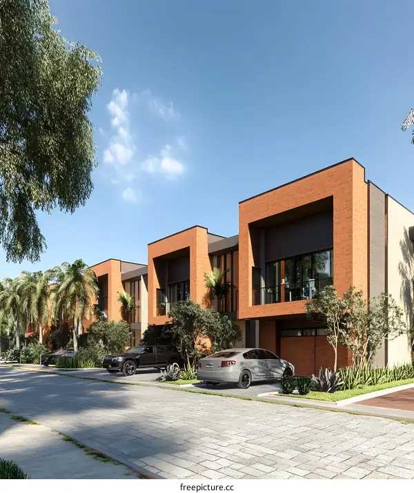Modern Brick Townhouses with Palm Trees