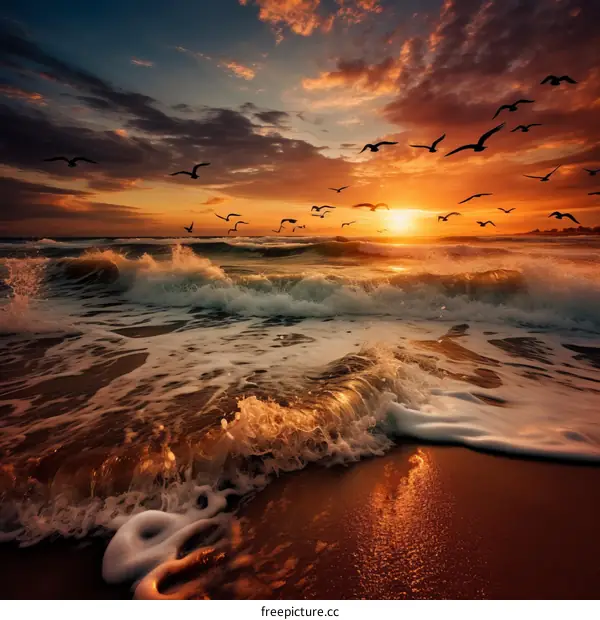 Stunning sunset over the ocean with waves crashing upon the shore and seabirds soaring overhead