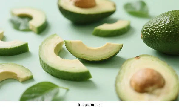 Fresh Avocado Halves and Slices with Green Leaves on Light Background