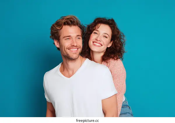 Couple Posing Against a Solid Teal Background