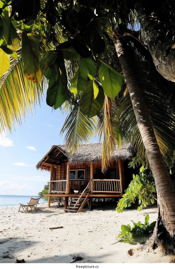 Tropical Beachfront Cabin with Palm Trees