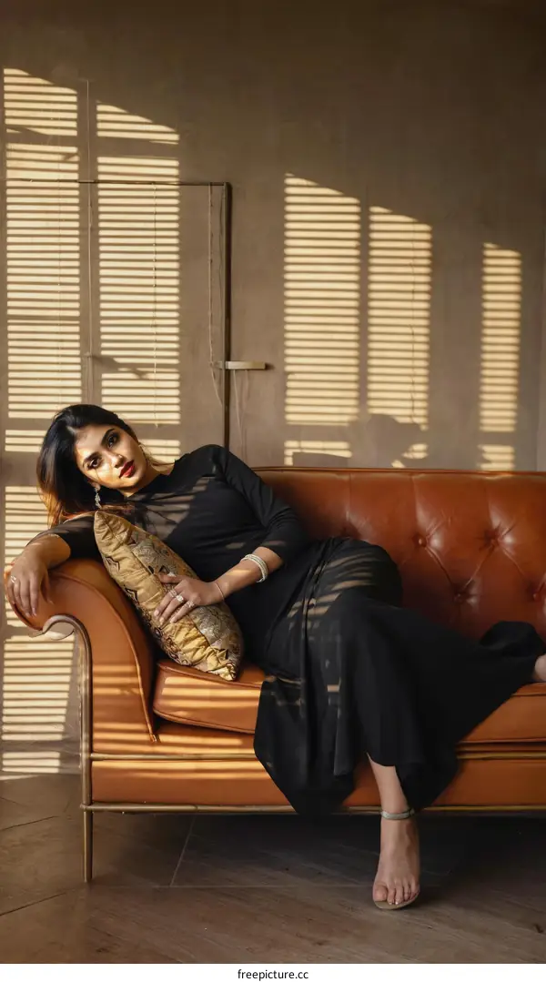 Elegant Woman in Black Dress on a Sofa