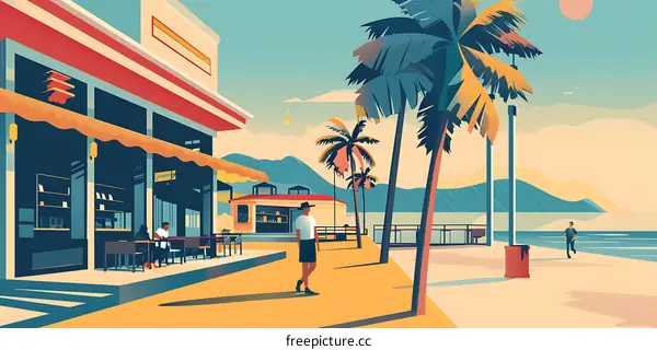 Tropical Beach Cafe with Palm Trees and People