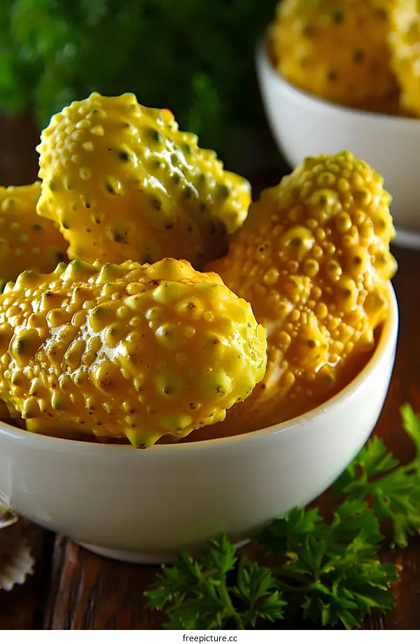 kiwano fruit in white ceramic bowl with green leaves