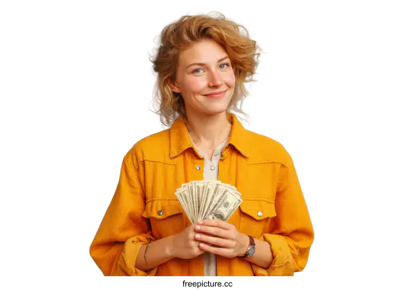 [Transparent Background PNG]Happy Young Woman Holding Dollar Bills Against White Background
