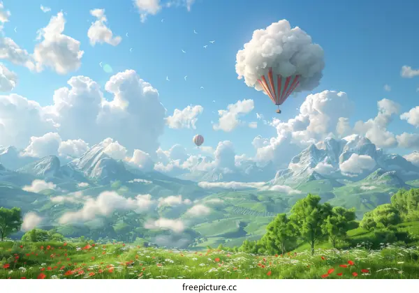 Hot Air Balloons Over Mountains