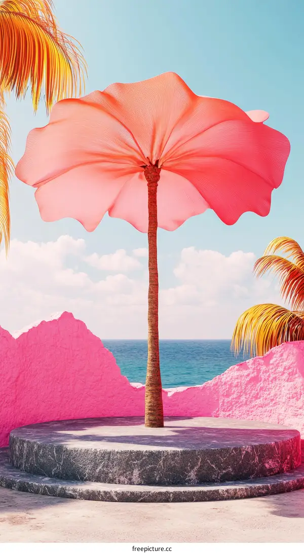 Vibrant Tropical Summer Scene with Pink Architecture