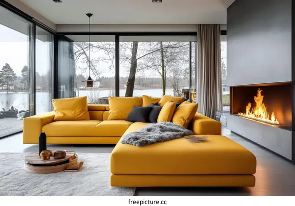 Modern Living Room with Yellow Sofa and Fireplace
