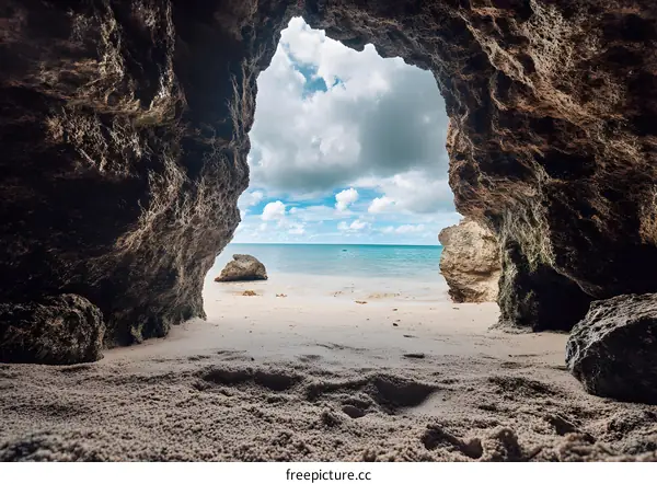 Beautiful View Of The Ocean Through A Cave Opening On A Beach