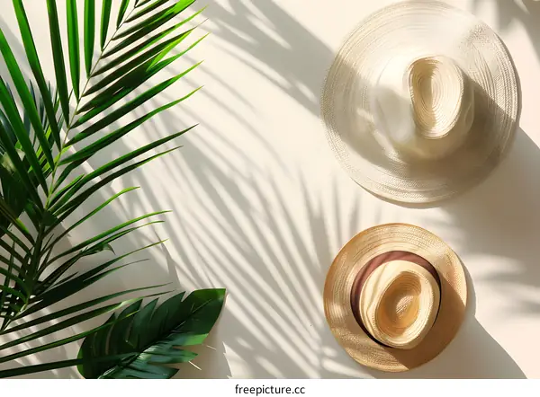 Summer Hat and Palm Leaves Minimalist Flatlay