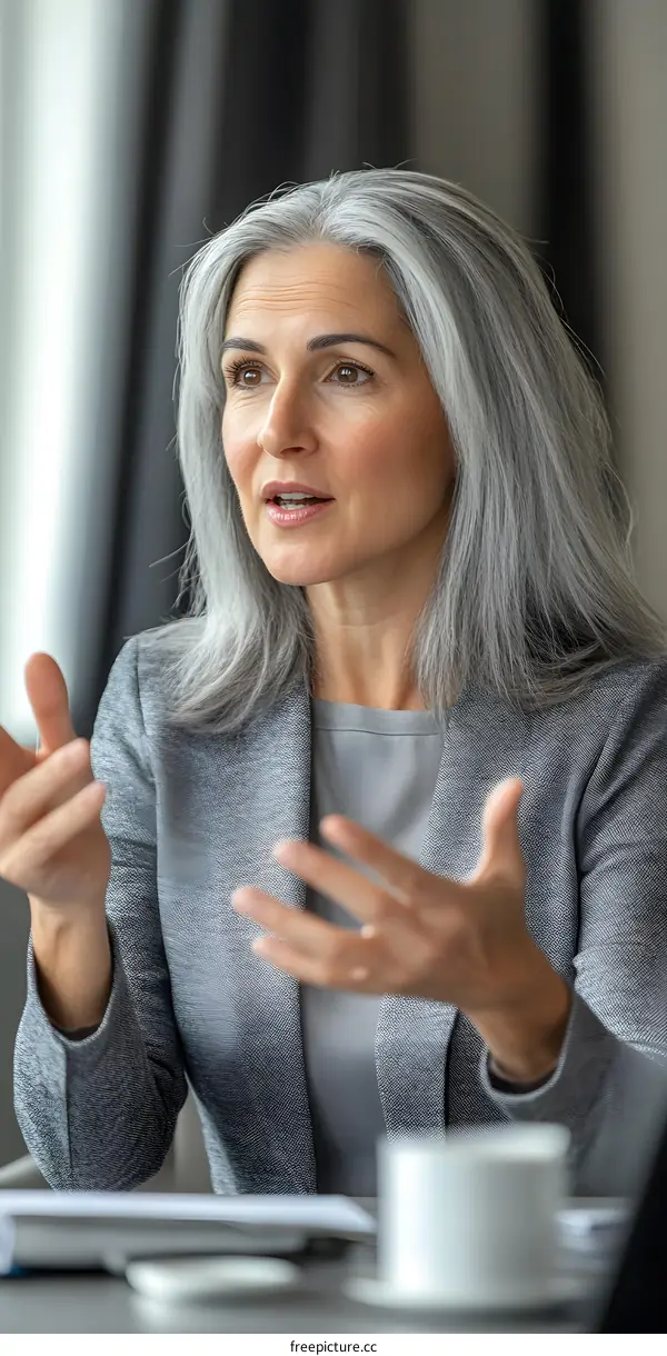 Woman with Gray Hair Discussing Business Ideas