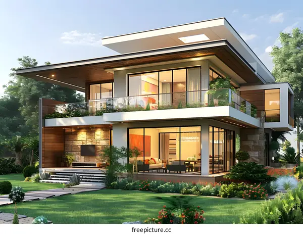 3D rendering of a beautiful modern house with a pool