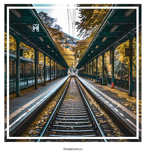Train Tracks Empty Station Autumn Leaves