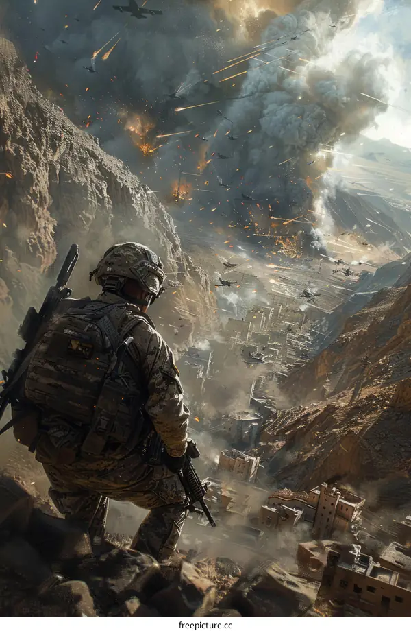 A Soldier Observing a War Zone