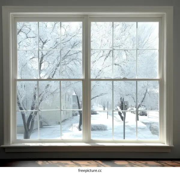 Winter Scene Through a Window with Snow-Covered Trees