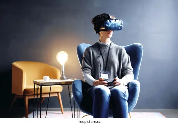 Woman Experiencing Virtual Reality Technology in Modern Interior