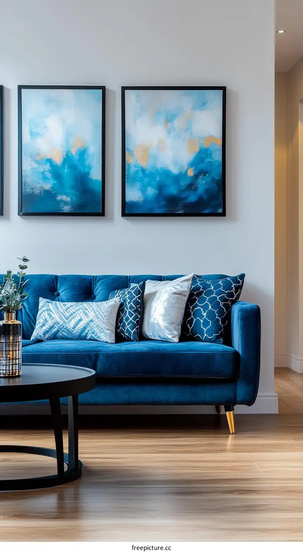 Modern Living Room with Blue Sofa and Abstract Art