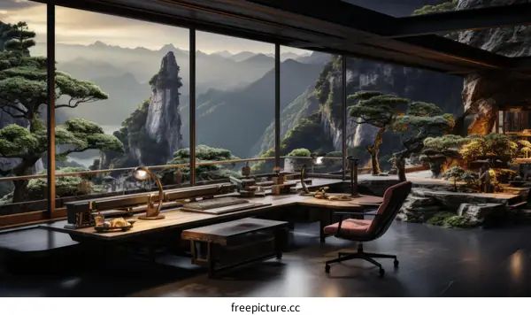 Modern home office with a view of the mountains