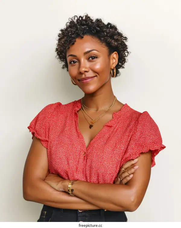 Portrait of a Black Woman in a Red Print Top