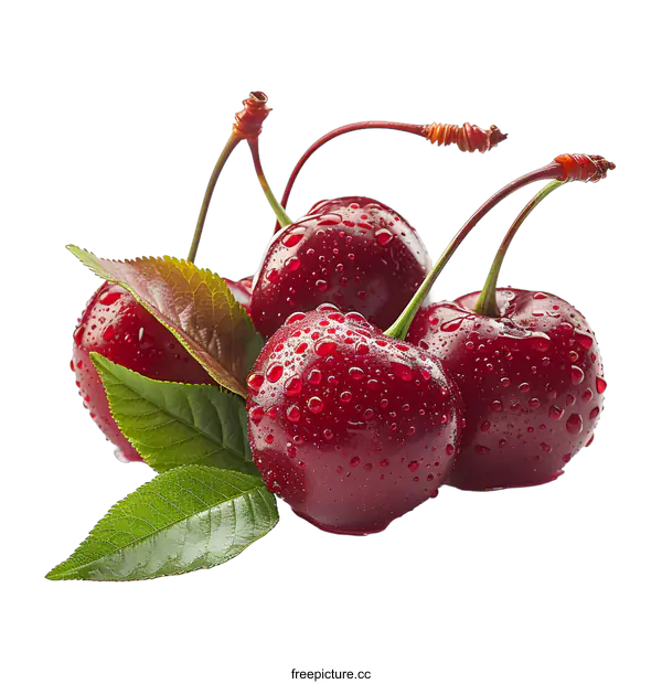 [Transparent Background PNG]Fresh cherries with water drops