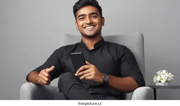 Smiling Man Holding Smartphone in Chair
