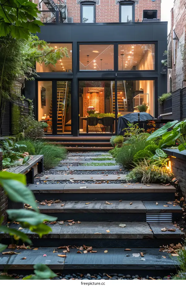 Black modern house with backyard garden