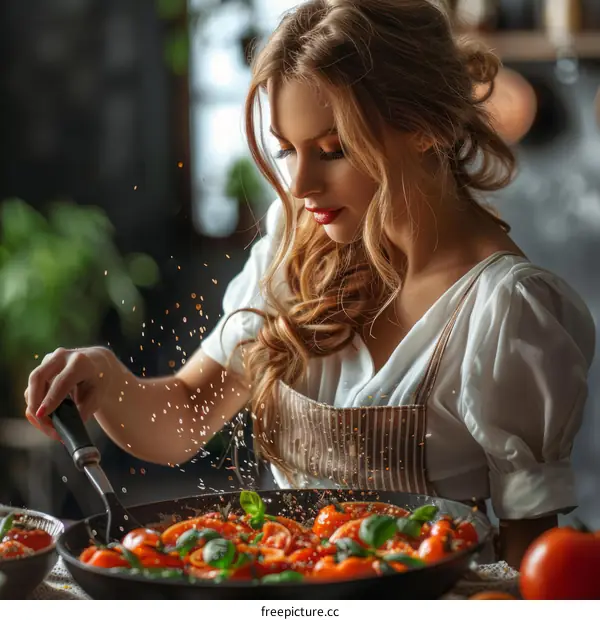 Young Woman Cooking with Fresh Tomatoes and Basil