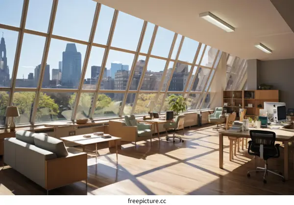 cityscape office interior large windows