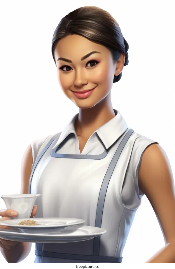 Smiling Asian Waitress Serving Food and Drinks