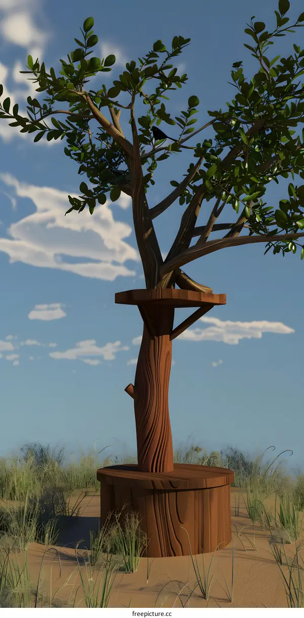 Tree with Wooden Platform for Bird in Nature