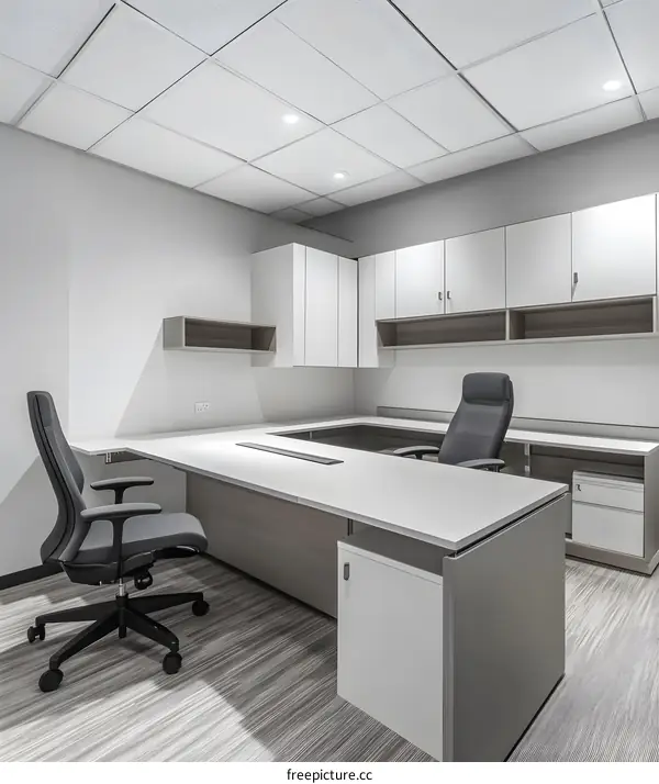 Modern Office Interior Design with White Desk and Grey Chair