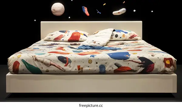 White Bed With Colorful Bedding and Space Decor