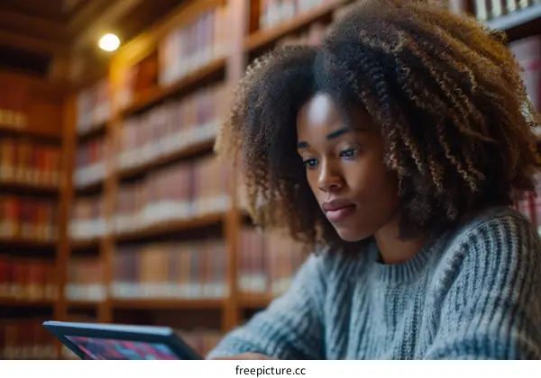 Young African American woman reading a book in a library