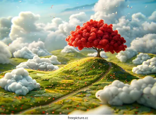 Lonely Red Tree in Surreal Landscape