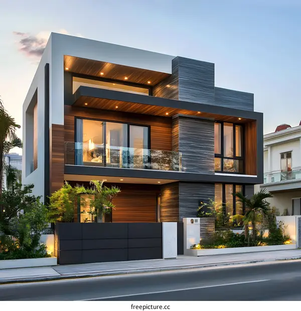 Modern Architecture House Exterior Design With Wooden Panels and Stone Facade