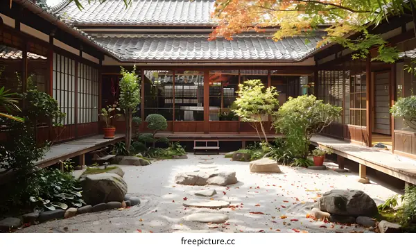 Japanese Garden With White Gravel And Stone Pathway