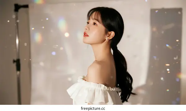 A Young Woman with Long Black Hair in White Off-the-Shoulder Dress