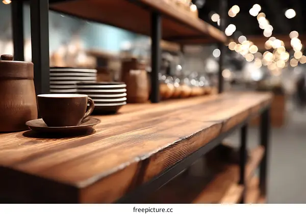 Rustic Wooden Display Shelf with Dishes and Coffee Cup