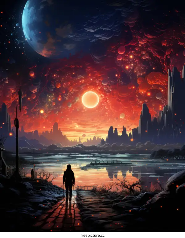 A lonely figure walks through a post-apocalyptic city