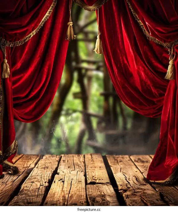 Red Velvet Curtains Open to Reveal a Wooden Stage and a Green Forest Background