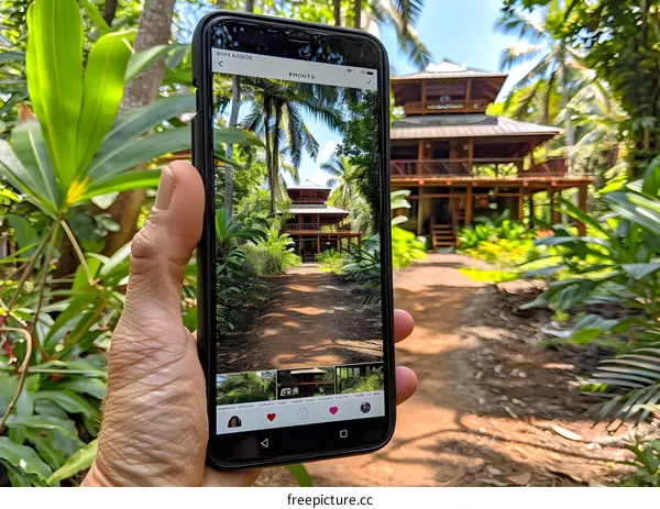 Tropical House Photo On Phone Screen