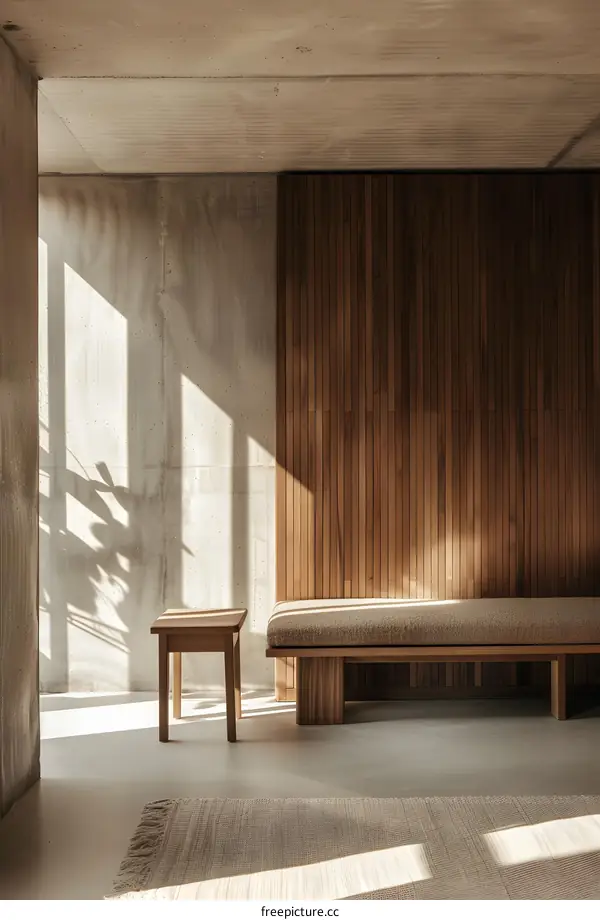 Minimalist Interior Design with Wooden Wall and Bench