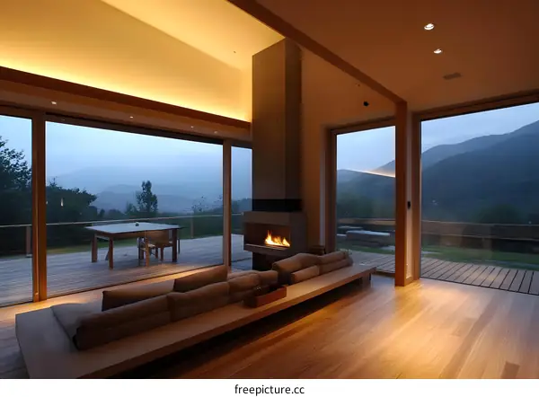 Modern Living Room With Fireplace And Mountain View