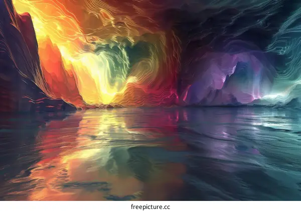 Mystical Cave with Rainbow Light and Reflective Water